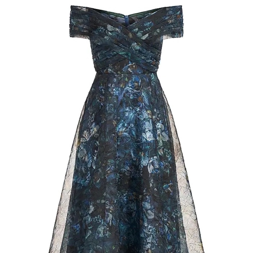 Theia  Auden Floral Crinkled Organza Off-the-Shoulder Midi Dress - Picture 2 of 9